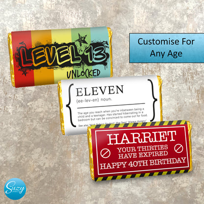 Birthday Age Personalised chocolate label - Age Expired - Level Unlocked - Age Definitions - Customise for any age