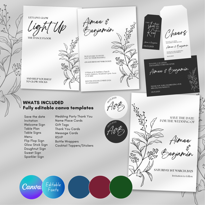 DIY Wildflower Artistic Wedding Stationery Bundle Template