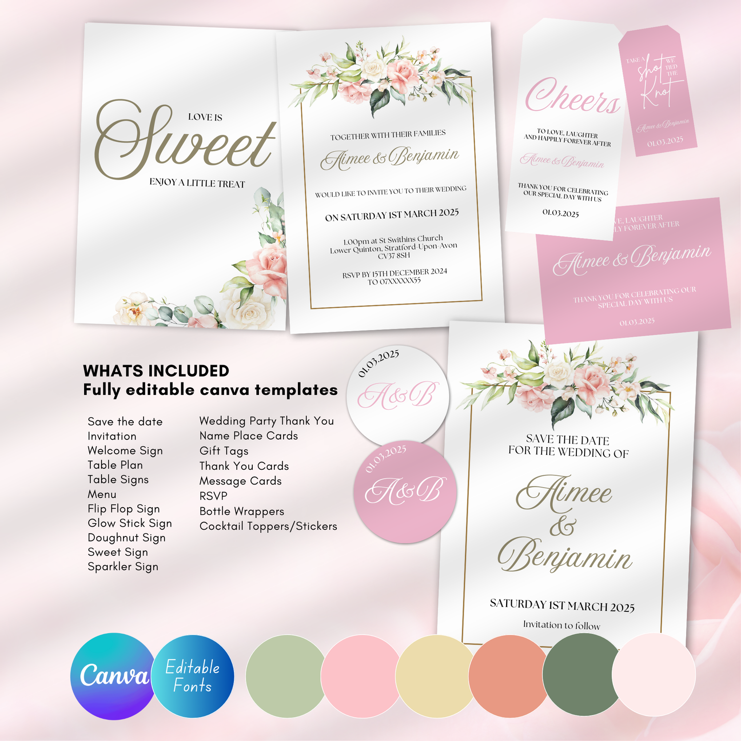 DIY Pink Rose Wedding Stationery Bundle Template