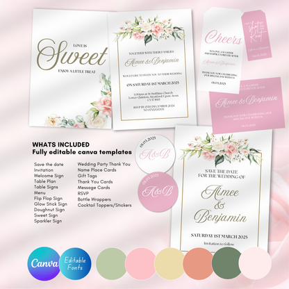 DIY Pink Rose Wedding Stationery Bundle Template