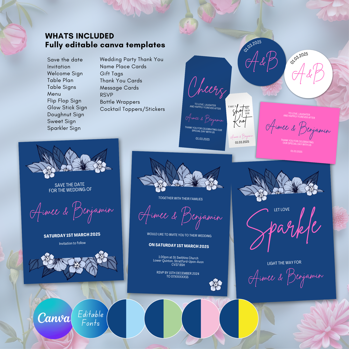 DIY Navy Pink Wedding Stationery Bundle Template