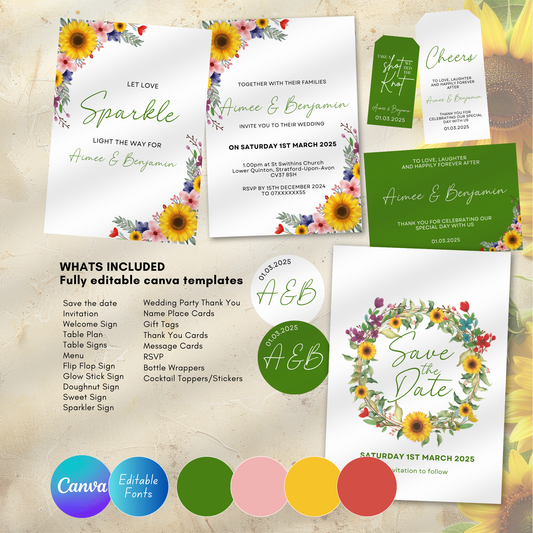 DIY Bright Sunflower Wedding Stationery Bundle Template