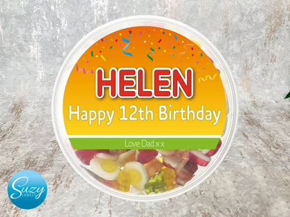 Personalised sweets tub label - fun birthday gift for a sweet tooth - unique present for any age or any special occasion