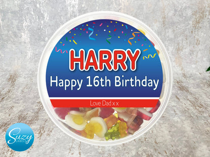 Personalised sweets tub label - fun birthday gift for a sweet tooth - unique present for any age or any special occasion