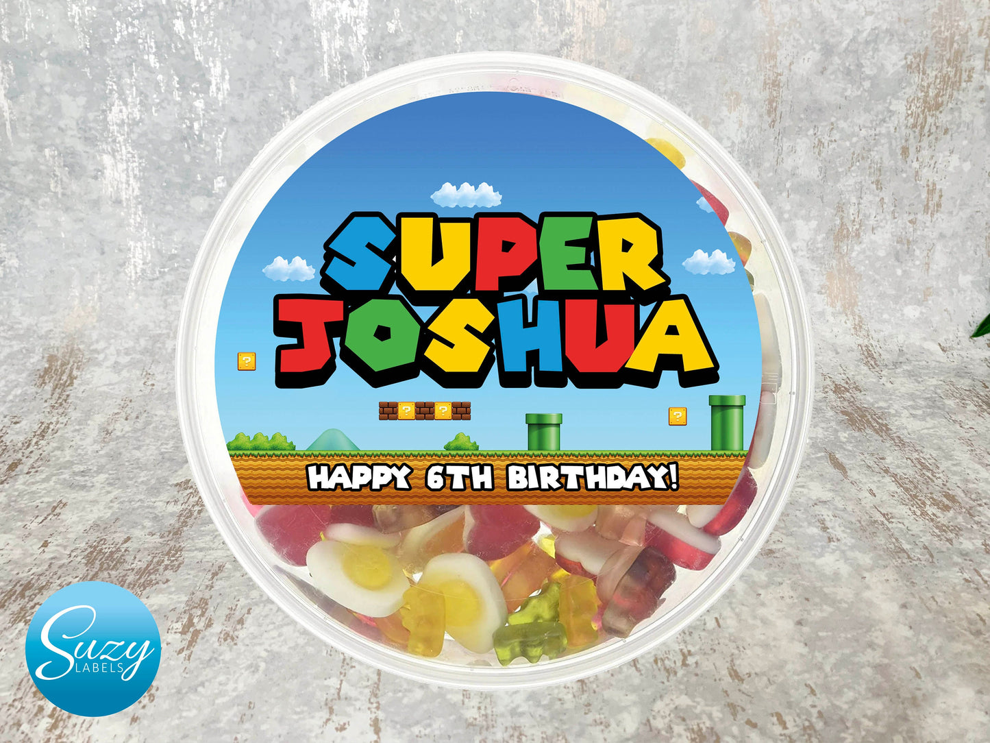 Super Mario personalised sweets tub label - Fun birthday gift for a sweet tooth - Unique present for any age - Fits a 400g Haribo tub