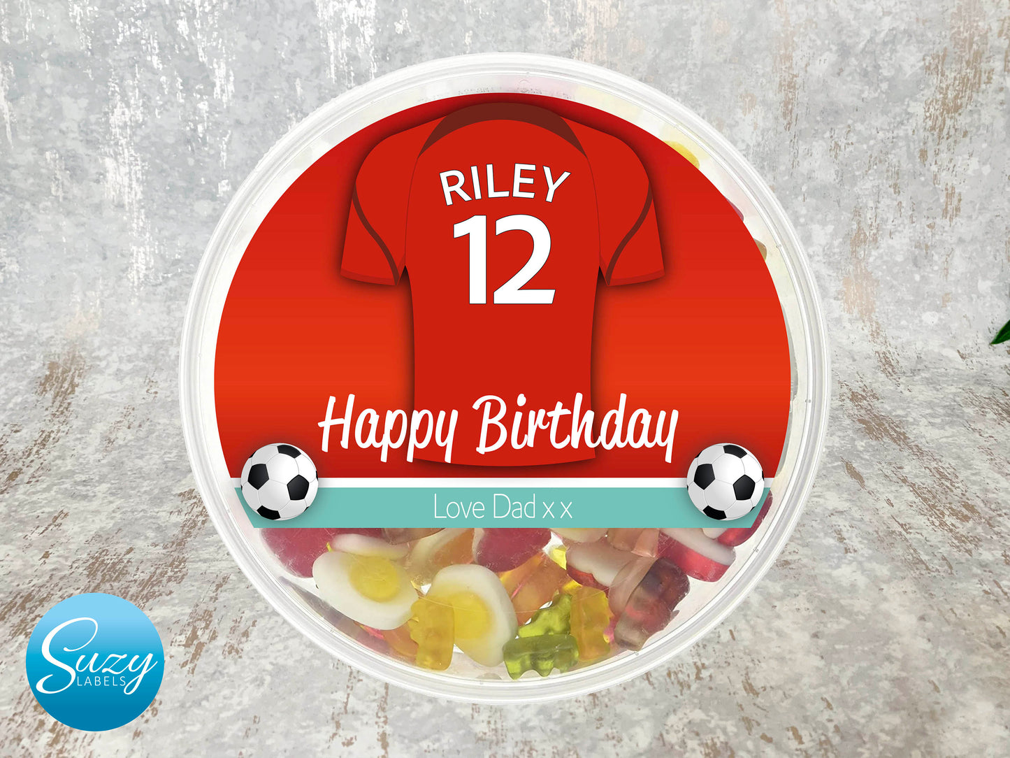 Football Shirt Name Personalised Gift Sweet Tub Label, Chelsea, Liverpool, Arsenal, Manchester City, West Ham, Newcastle, Man United