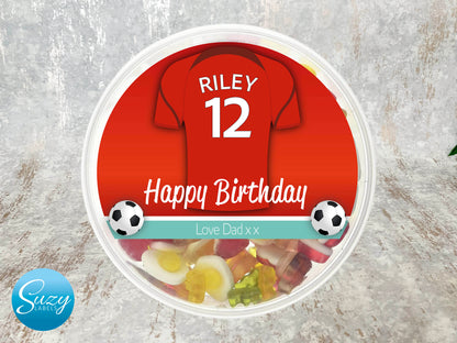 Football Shirt Name Personalised Gift Sweet Tub Label, Chelsea, Liverpool, Arsenal, Manchester City, West Ham, Newcastle, Man United